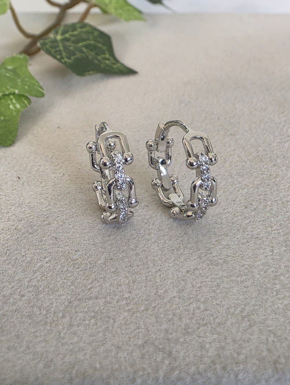 White Gold Filled CZ Chain Link Hoop Earrings U Shaped Huggie Earrings
